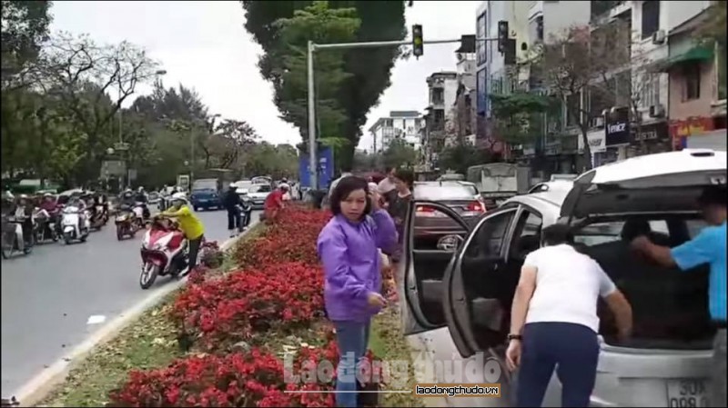 ha noi nhieu nguoi dan dung xe giua duong lay hoa trang tri