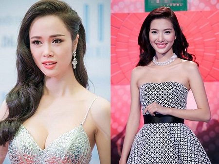 Top 5 Hoa hậu Việt Nam 2012 Vũ Ngọc Anh (trái) và MC Mỹ Linh.