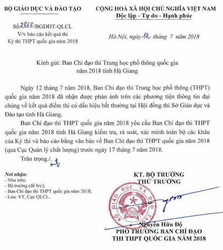 bo gddt chi dao kiem tra sau thong tin diem thi thpt quoc gia bat thuong tai ha giang