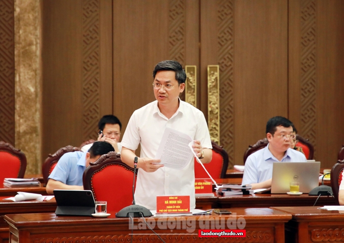 Phó Chủ tịch UBND Thành phố Hà Minh Hải trình bày báo cáo tại hội nghị