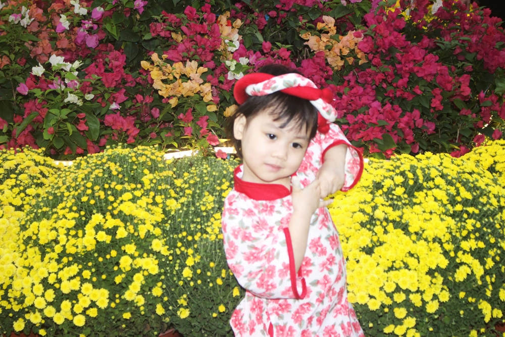 Một em bé háo hức, làm dáng chụp hình bên vườn hoa. (Ảnh: Hương Thảo)