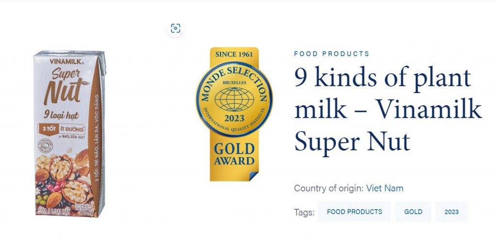 Vinamilk giành giải Vàng chất lượng cho sữa tươi và sữa hạt tại giải Monde Selection (Bỉ)