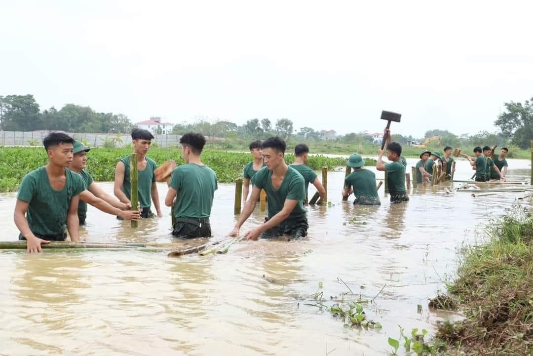 Cán bộ, học viên Trường Sĩ quan Lục quân 1 chung tay gia cố đê tại Sơn Tây