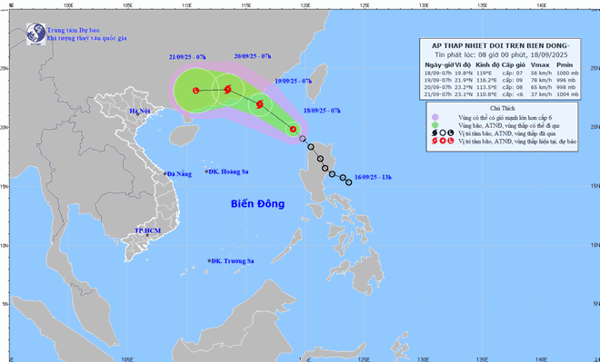 Áp thấp nhiệt đới trên Biển Đông có khả năng mạnh lên thành bão giật cấp 11 trong 24 giờ tới