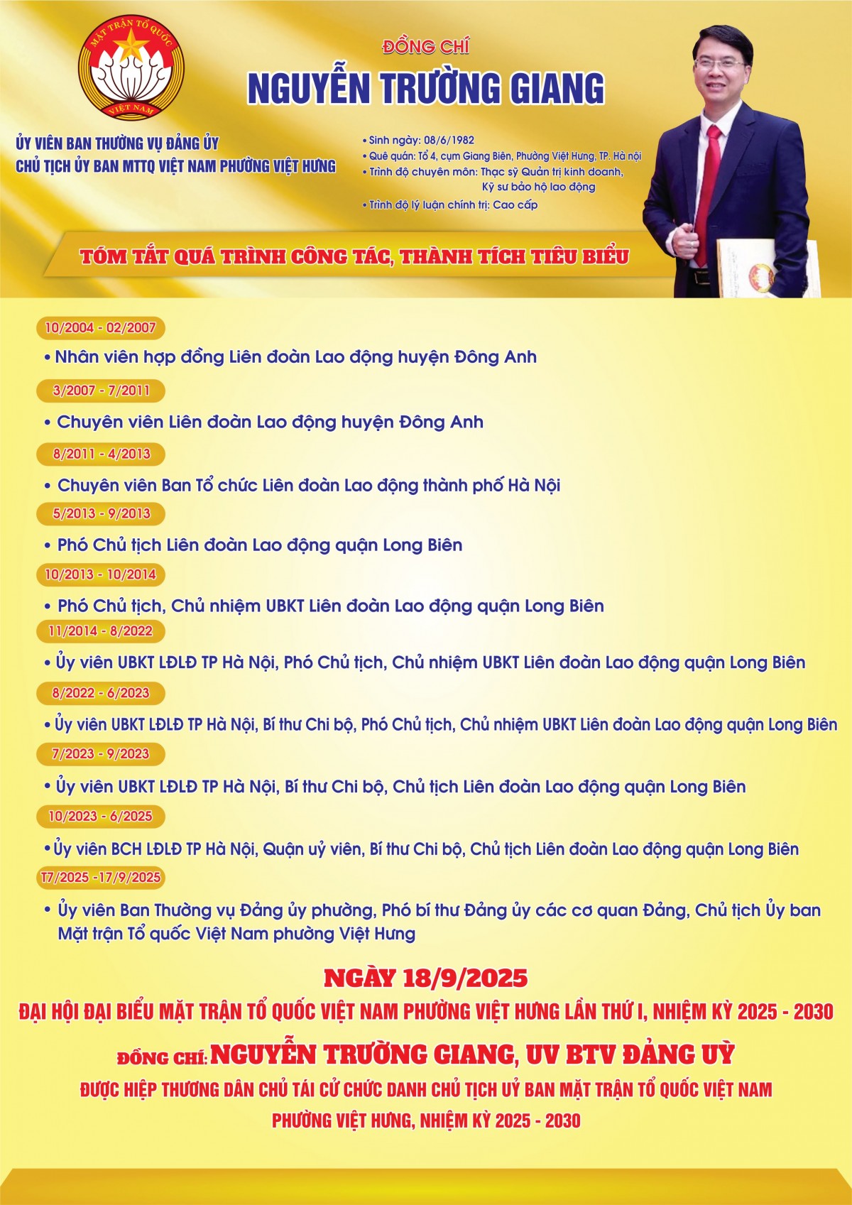 Ông Nguyễn Trường Giang giữ chức Chủ tịch Ủy ban MTTQ Việt Nam phường Việt Hưng khóa I, nhiệm kỳ 2025 - 2030