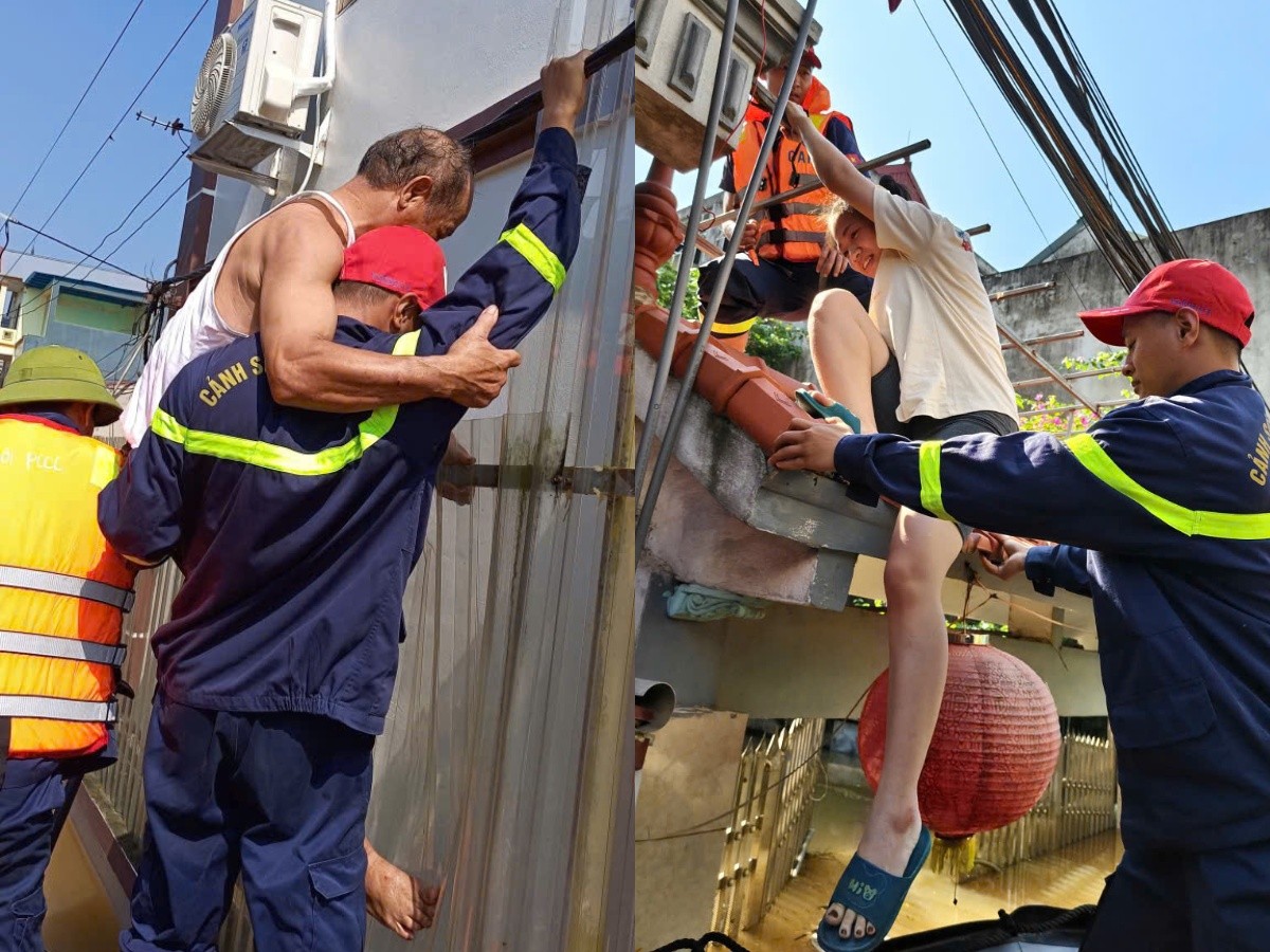 Cảnh sát PCCC và CNCH Hà Nội hỗ trợ người dân sơ tán khỏi vùng ngập sâu