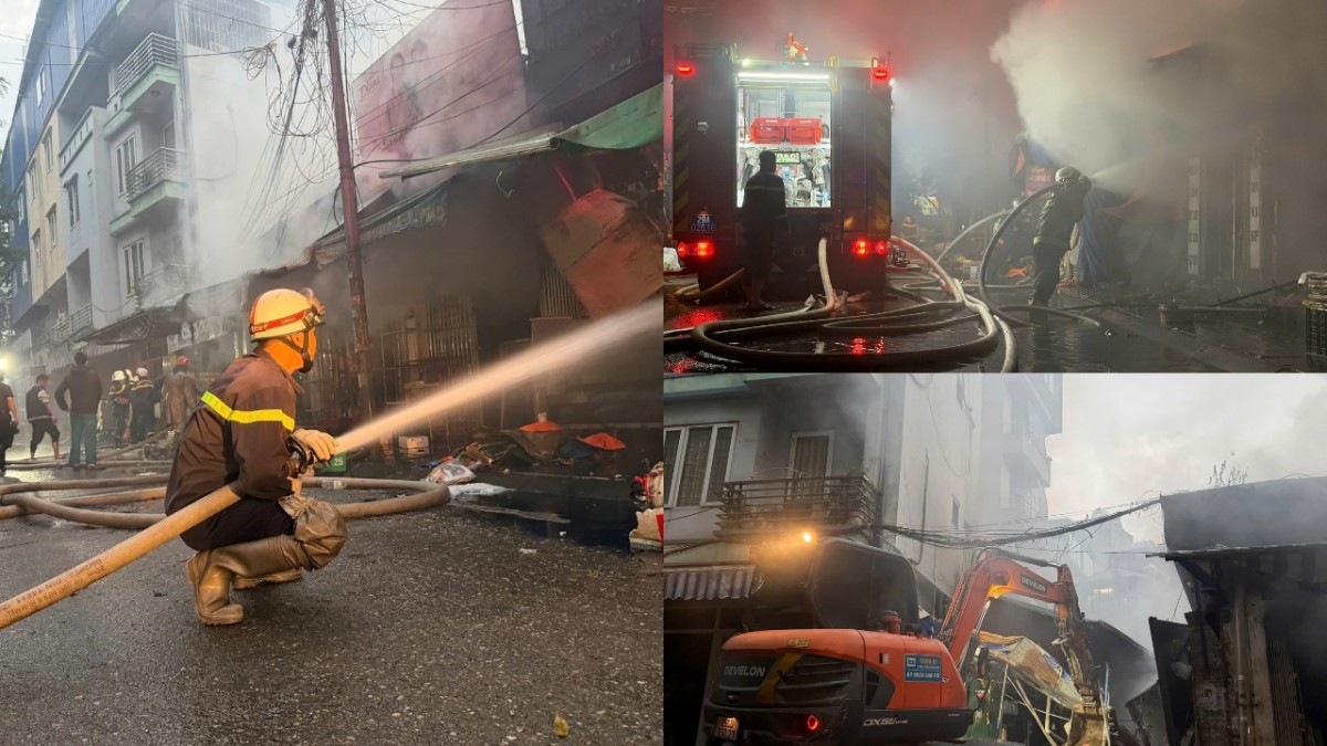 Cảnh sát PCCC nỗ lực dập tắt đám cháy lớn tại Chợ Xanh, Định Công