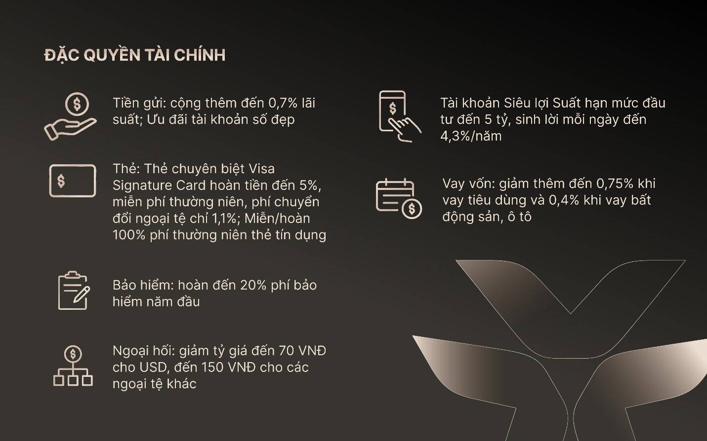 Đặc quyền tài chính từ hệ sinh thái đặc quyền toàn diện VIB Privilege Banking.