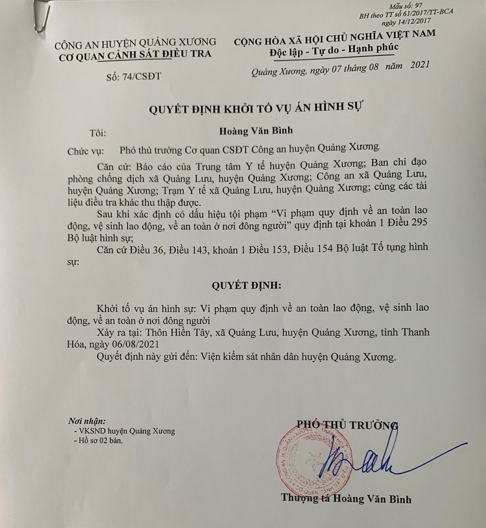 Thanh Hóa: Khởi tố vụ án hình sự liên quan đến ca dương tính với SARS-CoV-2 tại huyện Quảng Xương