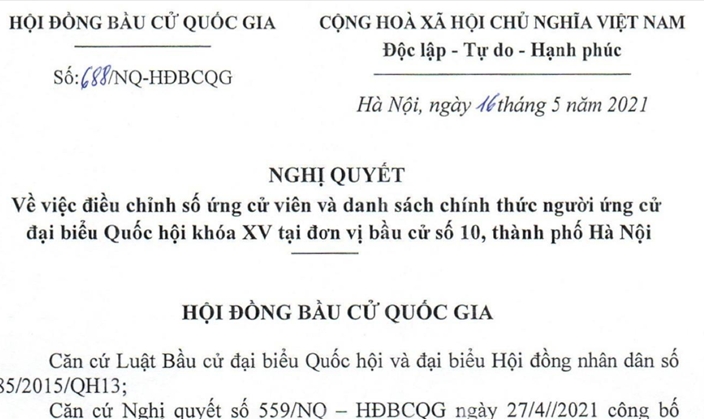 Điều chỉnh số lượng người ứng cử đại biểu Quốc hội khóa XV tại đơn vị bầu cử số 10, thành phố Hà Nội