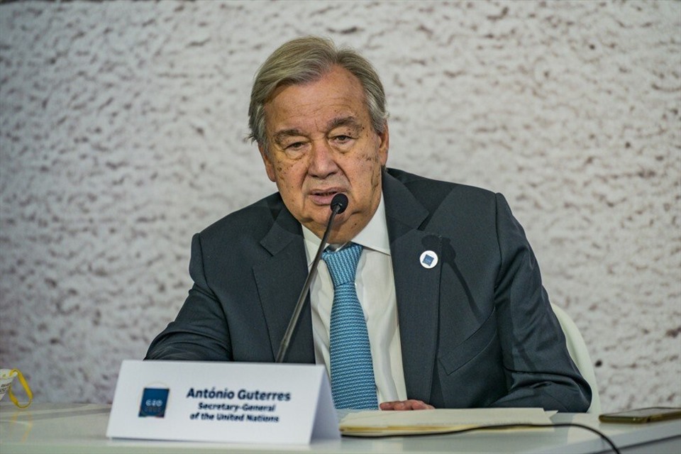 Tổng thư ký Liên Hợp Quốc Antonio Guterres phát biểu trong họp báo ngày 28.10, trước thềm hội nghị thượng đỉnh G20 ở Rome, Italia. Ảnh: DPA