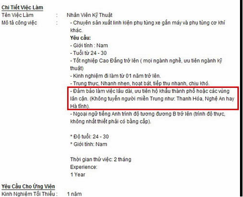 Sốc với tuyển dụng "không lấy Thanh Hóa - Nghệ An - Hà Tĩnh" 2 Sốc với tuyển dụng "không lấy Thanh Hóa - Nghệ An - Hà Tĩnh" 2