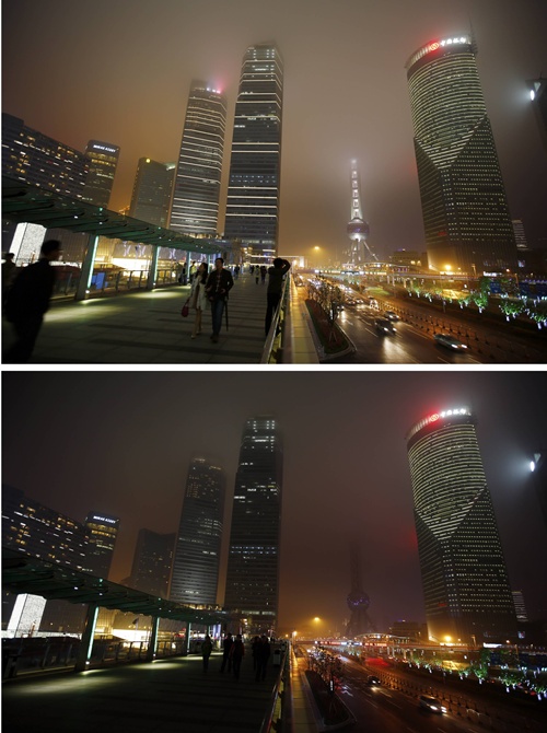 Quận thương mại Pudong của thành phố Thượng Hải bật, tắt đèn trong thời tiết mù sương.