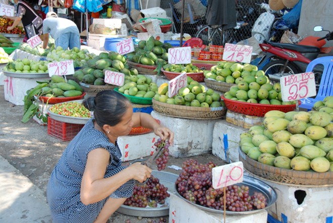 Các điểm bán trái cây ở chợ tỉnh cắm bảng chào giá bán các loại xoài, tuy nhiên, giá cao hơn so với nhà vườn trực tiếp ra bán.