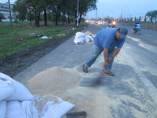 Người dân Đồng Nai giúp tài xế dọn thức ăn gia súc đổ xuống đường