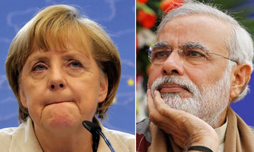 Thủ tướng Đức Angela Merkel (trái) và người đồng cấp Ấn Độ