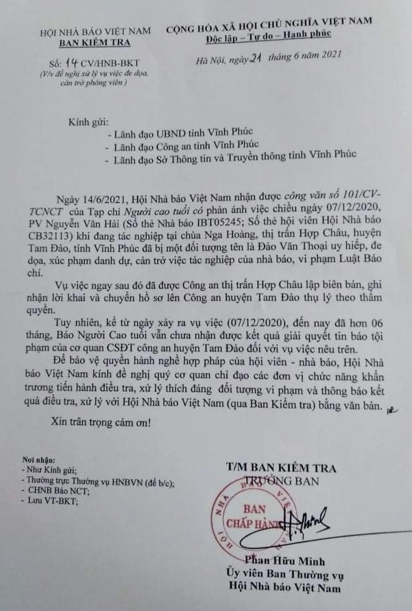 Hội Nhà báo Việt Nam đề nghị xử lý vụ việc đe dọa, cản trở phóng viên tác nghiệp