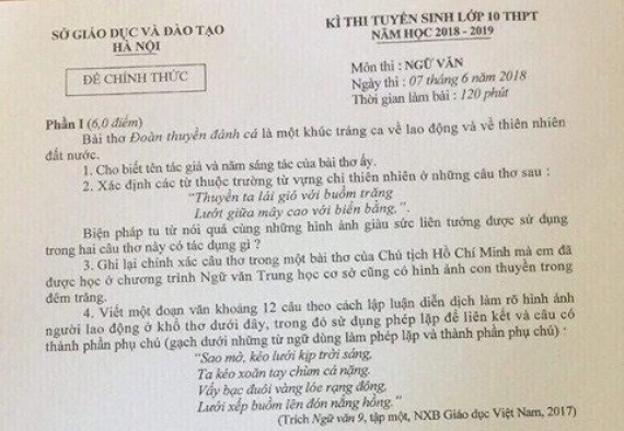 Gợi ý đáp án môn Văn tuyển sinh lớp 10 tại Hà Nội năm học 2018 - 2019