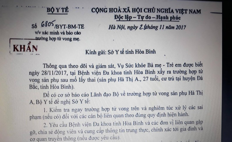 Bộ Y tế: Yêu cầu làm rõ trường hợp tử vong sản phụ sau mổ lấy thai ở Hòa Bình