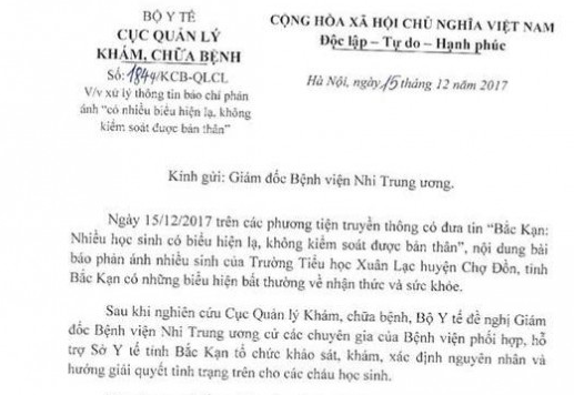 Bộ Y tế: Cử chuyên gia tìm nguyên nhân trẻ có biểu hiện lạ ở Bắc Kạn