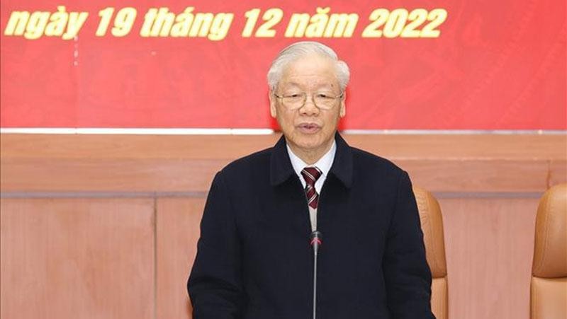 Tổng Bí thư Nguyễn Phú Trọng, Bí thư Quân ủy Trung ương, phát biểu kết luận hội nghị. (Ảnh: Trí Dũng/TTXVN)