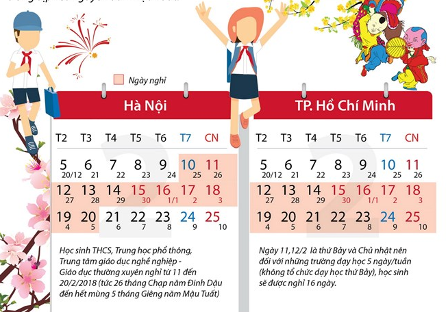[Infographics] Lịch nghỉ Tết cho học sinh Hà Nội và TP.HCM