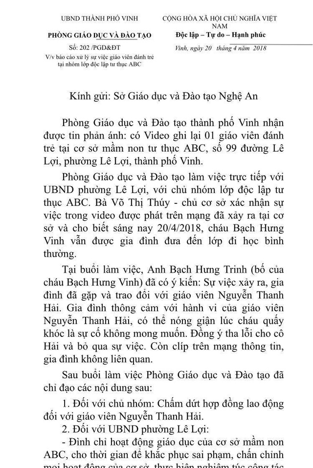 gia dinh dong y tha loi cho co giao danh tre tai lop hoc