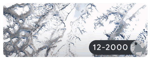 S&ocirc;ng băng lui dần ở Sermersooq, Greenland. H&igrave;nh ảnh được chụp v&agrave;o th&aacute;ng 12 h&agrave;ng năm từ năm 2000 đến năm 2020.