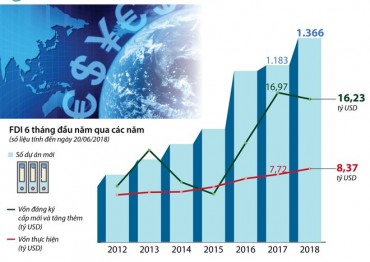 [Infographics] Vốn FDI vào Việt Nam đạt hơn 20 tỷ USD trong 6 tháng