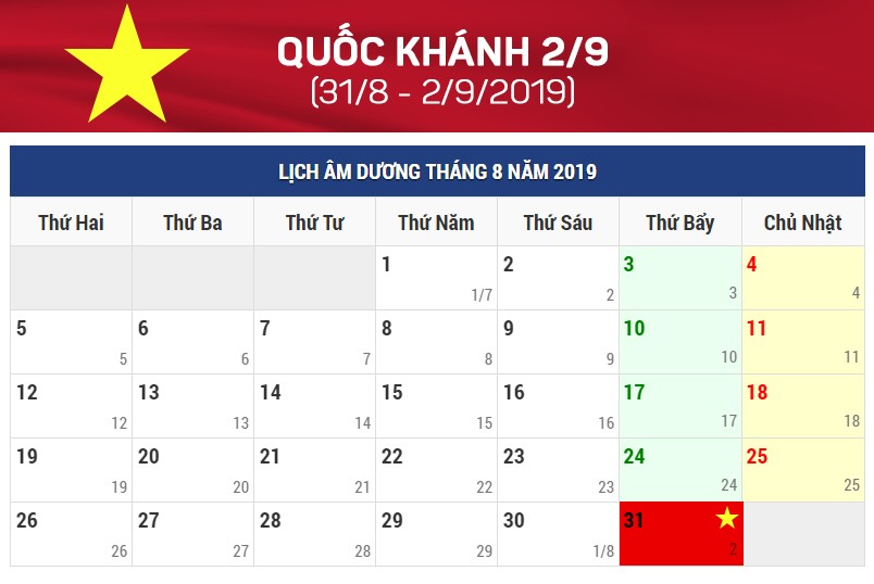 Lịch nghỉ lễ Quốc khánh 2/9 năm nay