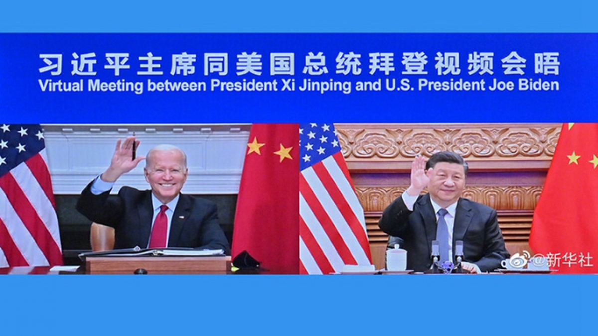 Tổng thống Joe Biden và Chủ tịch Tập Cận Bình trong cuộc họp trực tuyến sáng 16/11 (giờ Bắc Kinh). Ảnh: Tân Hoa xã