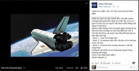 Trang Facebook chia sẻ “chương trình khuyến mãi” với quà tặng là... một chiếc tàu vũ trụ. Tuy nhiên đây là trang Facebook được lập ra để châm biếm cách thức lừa đảo đang được phát tán rộng rãi trên Facebook trong thời gian qua