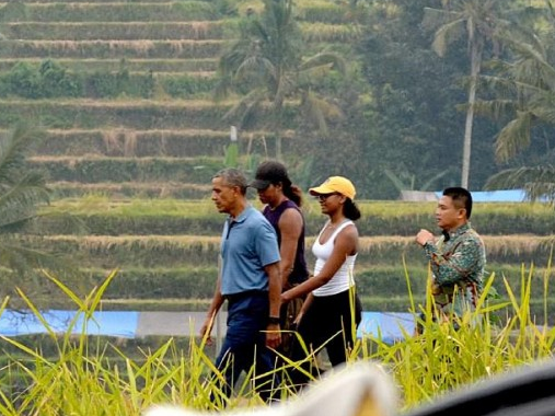 “Sốt” ảnh gia đình ông Barack Obama dạo bước trên đồng lúa Indonesia