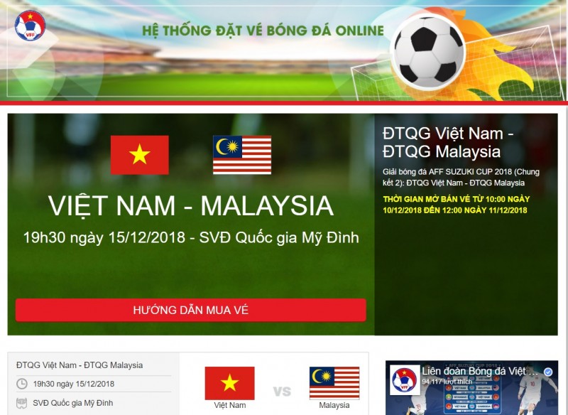 Mua vé online trận chung kết lượt về giữa Việt Nam – Malaysia