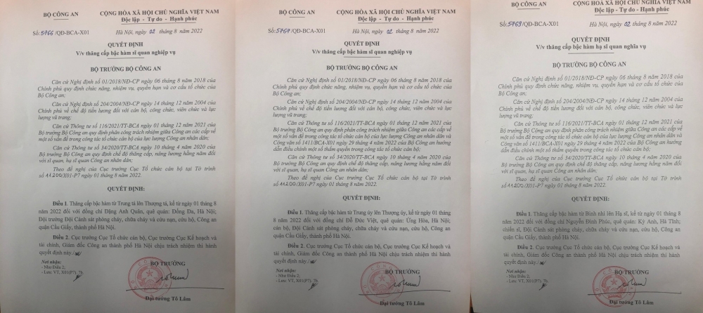 Bộ trưởng Bộ Công an ký quyết định thăng cấp bậc hàm 3 cán bộ chiến sĩ PCCC